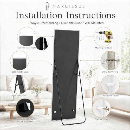 NARCISSUS Full Length Mirror 57x20 Inch, Over The Door Mirror with Stand, Wall Mounted or Freestanding/Door Hanging Full Body, Aluminum Alloy Frame, Silver