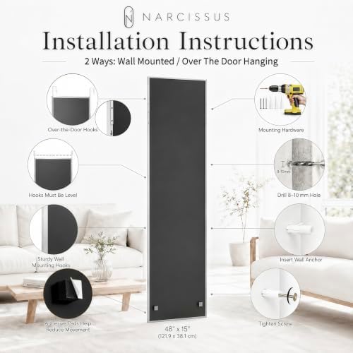 NARCISSUS Over the Door Full Length Mirror 47x14 Inch, Wall Mounted Dressing Mirror, Door Hanging Full Body Mirror HD Reflection Glass for Bedroom, Aluminum Alloy Frame Silver