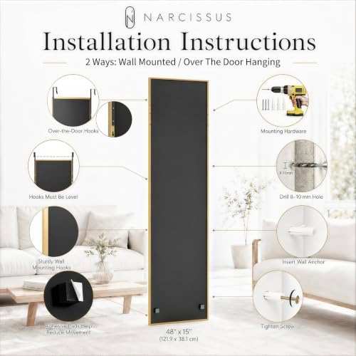 NARCISSUS Over the Door Full Length Mirror 47x14 Inch, Wall Mounted Dressing Mirror, Door Hanging Full Body Mirror HD Reflection Glass for Bedroom, Aluminum Alloy Frame Gold