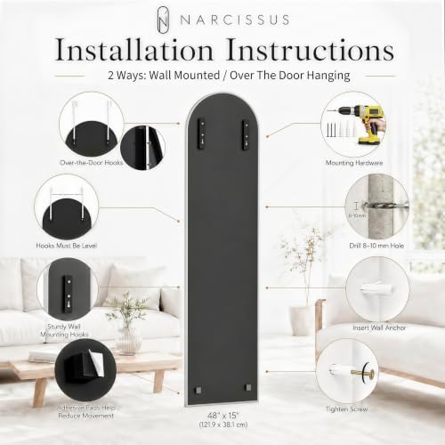 NARCISSUS Over the Door Full Length Mirror 47x14 Inch, Wall Mounted Dressing Mirror, Door Hanging Full Body Mirror HD Reflection Glass for Bedroom, Aluminum Alloy Frame Silver