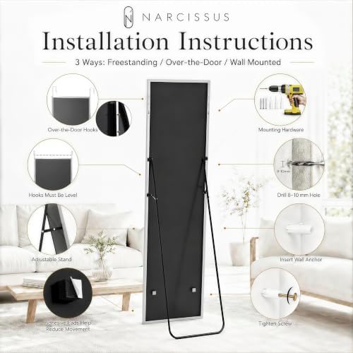 NARCISSUS Full Length Mirror 57x16 Inch, Over The Door Mirror with Stand, Wall Mounted or Freestanding/Door Hanging Full Body, Aluminum Alloy Frame, Silver