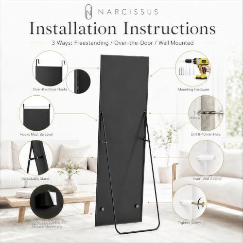 NARCISSUS Full Length Mirror 57x20 Inch, Over The Door Mirror with Stand, Wall Mounted or Freestanding/Door Hanging Full Body, Aluminum Alloy Frame, Black