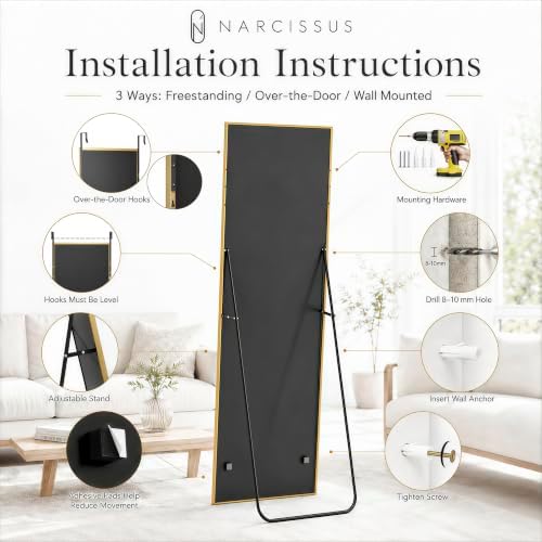 NARCISSUS Full Length Mirror 57x20 Inch, Over The Door Mirror with Stand, Wall Mounted or Freestanding/Door Hanging Full Body, Aluminum Alloy Frame, Gold