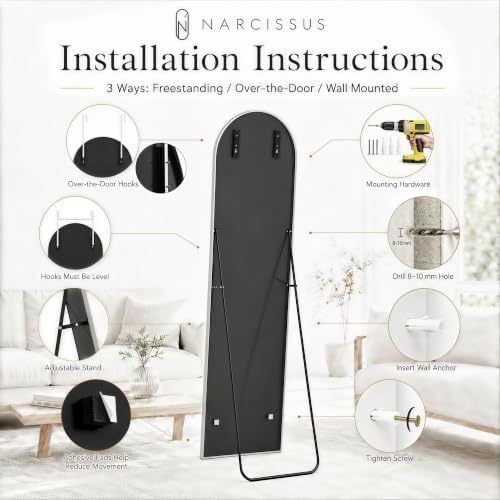 NARCISSUS Full Length Mirror 57x16 Inch, Over The Door Mirror with Stand, Wall Mounted or Freestanding/Door Hanging Full Body, Aluminum Alloy Frame, Silver