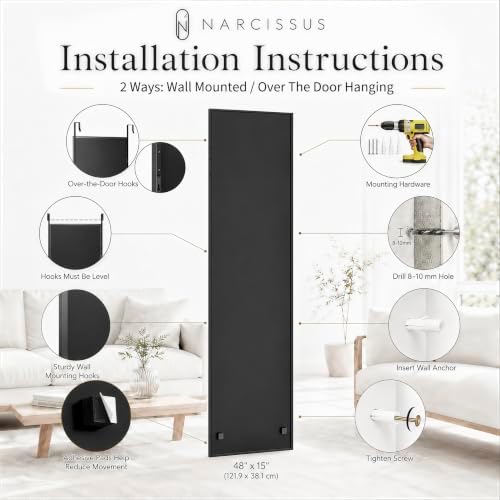 NARCISSUS Over the Door Full Length Mirror 47x14 Inch, Wall Mounted Dressing Mirror, Door Hanging Full Body Mirror HD Reflection Glass for Bedroom, Aluminum Alloy Frame Black