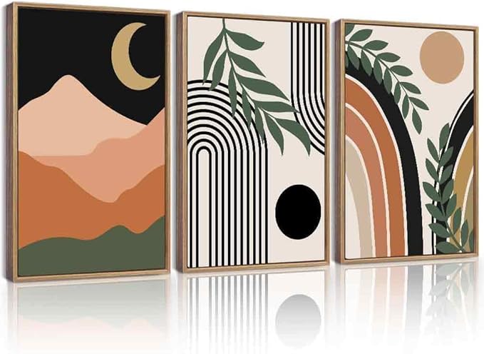 Drsoum Boho Wall Art Framed Bohemian Plant Wall Decor Abstract Geometry Artwork Hallway Living Room Prints Ready to Hang 16x24in Natural Framed