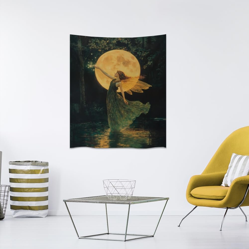 Whimsical Fairy Tapestry Fantasy Moonlight Fae Goddess Print Moody Gothic Aesthetic Wall Hanging Magical Forest Pictures Dark Cottage Witchy Tapestries for Girls Room Bedroom 70x90inch
