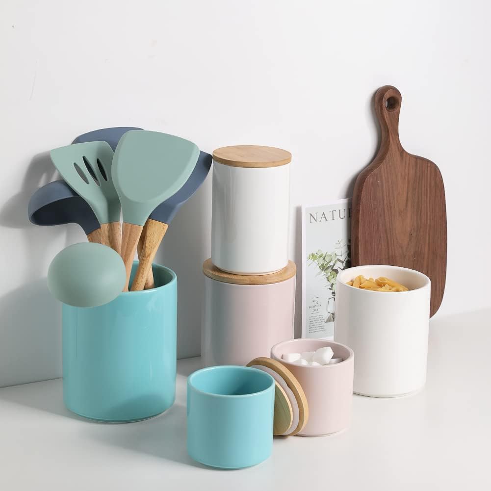 Sweejar Ceramic Kitchen Canister Sets, Porcelain Container for Countertop, Heavy Food Storage Jars with Airthight Seal Bamboo Lid, Servering for Sugar, Coffee Beans, Tea Leaves, Pack of 4(White)