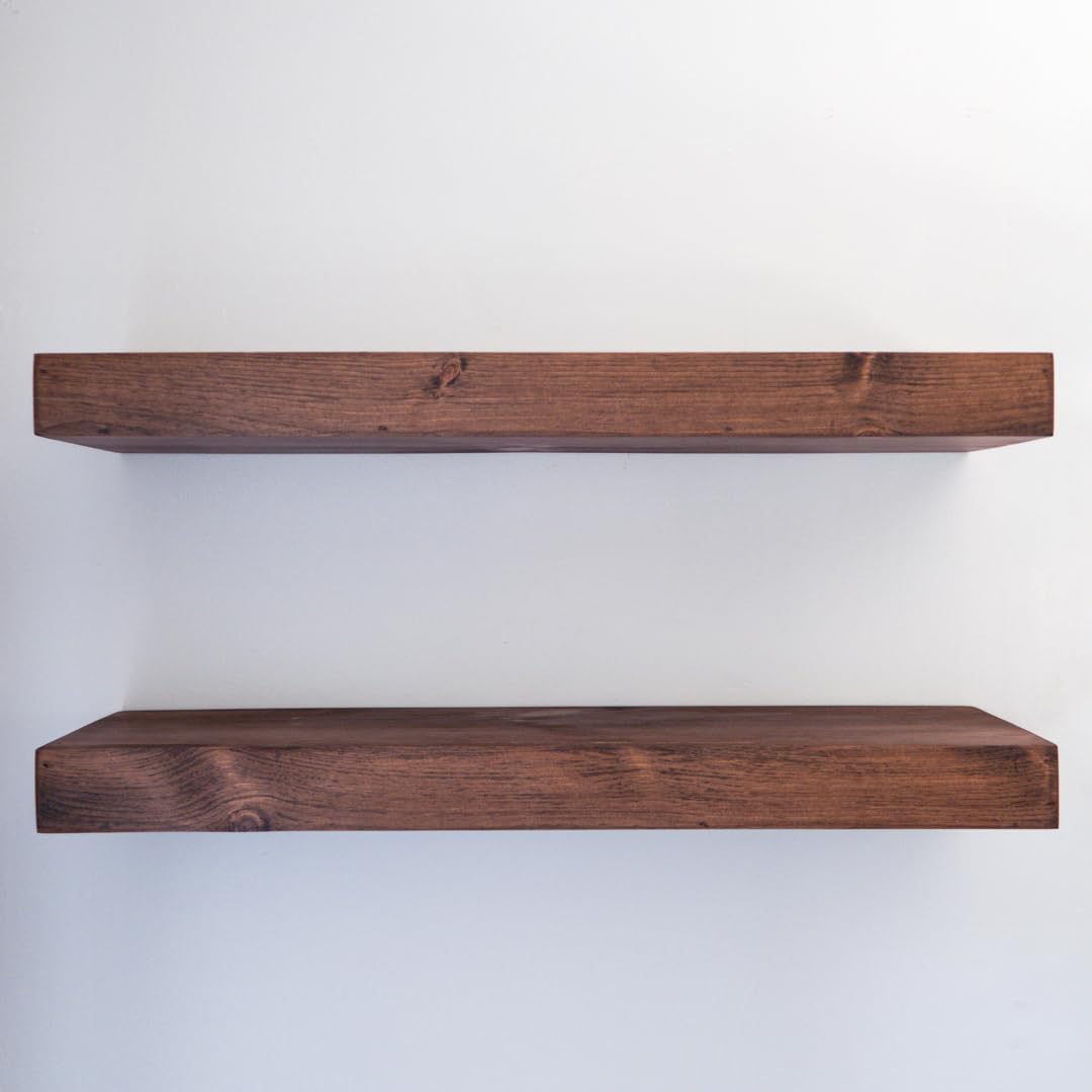Modern Floating Shelves 3 Inches Thick for Wall, Wide Shelves for Kitchen, Living Room, Bedroom, and Bathroom, Natural Pine Wood, Rustic Wooden Shelf, (Set of 2) (Provincial, 24Lx3Hx6D)
