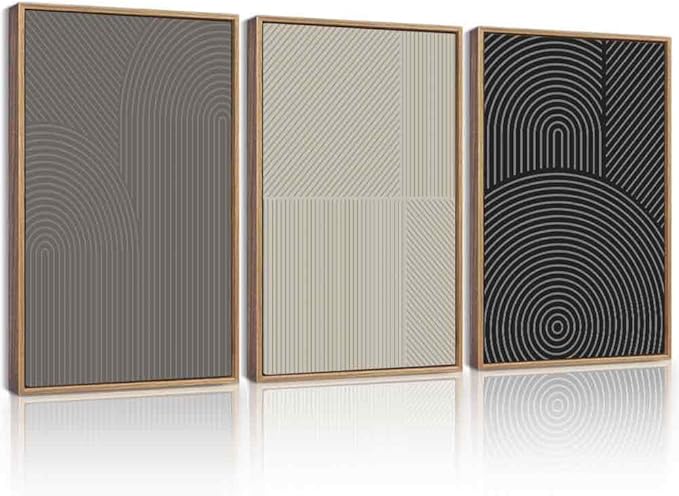 Drsoum Minimalist Abstract Wall Art Framed Modern Boho Neutral Line Wall Decor Mid Century Geometric Artwork Bedroom Living Room 16x24in Natural Framed