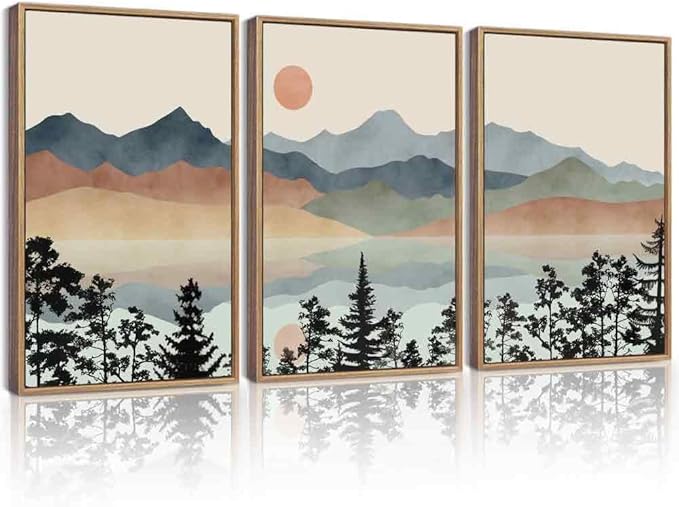 Drsoum Mountain Range Landscape Wall Art Framed Ink Wash Watercolor Nature Wall Decor Laker Sun Rises Prints Bedroom Living Room Ready to Hang 16x24in Natural Framed