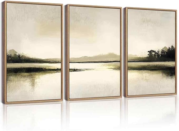 Drsoum Vintage Black Gray Abstract Laker Landscape Wall Art Framed Brown Tan Neutral Prints Minimalist Modern Rustic Artwork Bedroom Living Room Ready to Hang 16x24in Natural Framed