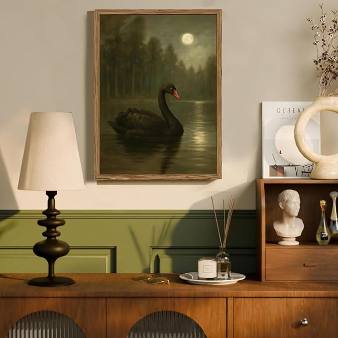 Framed Vintage Moonlit Black Swan Lake Wall Art Moody Gothic Pictures Wall Decor Paintings Artwork Animal Canvas Prints for Living Room Bedroom Dining Room Offices 12x16 inch