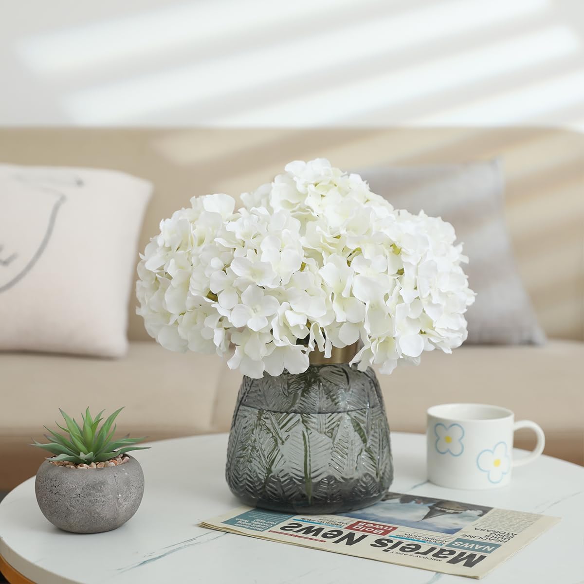Tifuly Hydrangea Artificial Flowers -12 pcs Realistic Fake Hydrangea Silk Flowers with Stems Faux Hydrangea Flowers Heads for Office Home Party Wedding Centerpiece DIY Floral Decor (White)