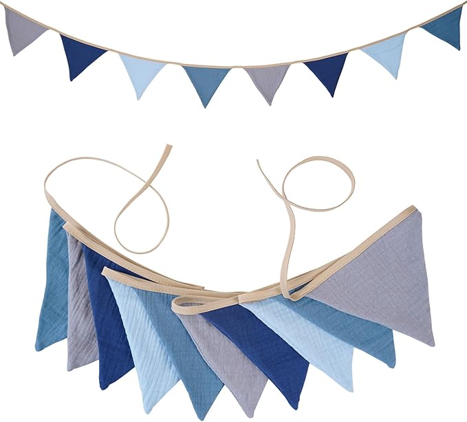 19.6ft Garland Triangle Banners, Pennant Banner Bunting Flags Fabric for Shower Birthday Party Decorations Playroom Decor (Blue grey 2PCS)