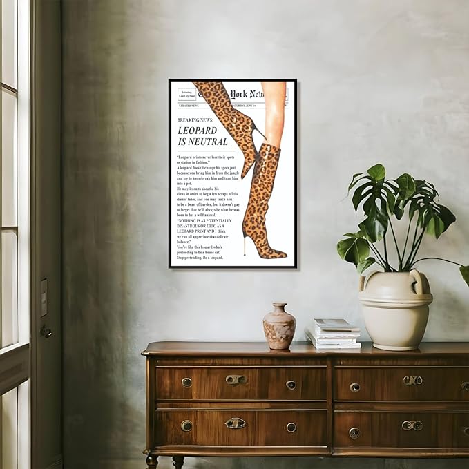 Trendy Newspaper Posters Vintage Leopard Boots Poster Feminist Canvas Prints Retro Fashion Bar Cart Magazine Cover Wall Art for Hot Girl Preppy Y2k Aesthetic Room Home Decor 12x16inch black framed