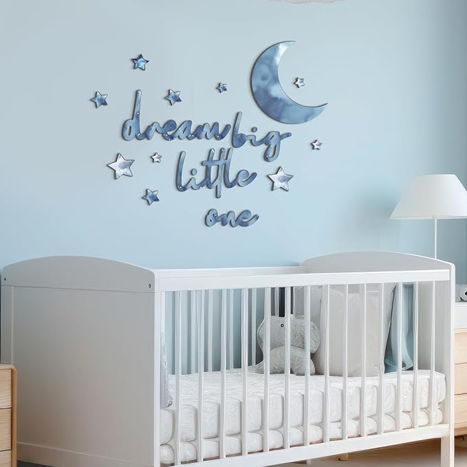 15 Pcs Moon and Stars Nursery Decor Dream Big Little One Wall Decor Boho Neutral Babyroom Wall Art Nursery Sign for Boys Girls Bedroom Home Farmhouse Living Playroom (Blue)