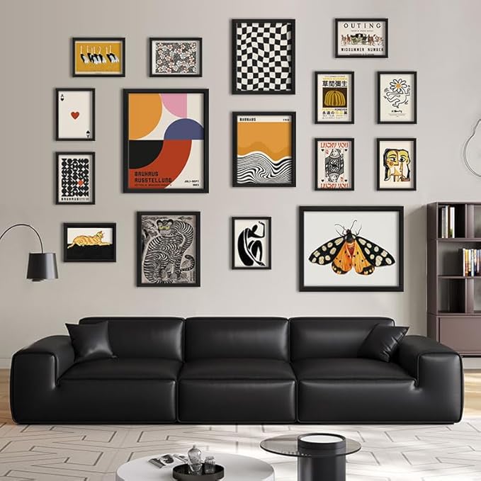 ANERZA 16 PCS Framed Eclectic Wall Art Decor, Modern Maximalist Wall Prints for Bedroom, Vintage Gallery Wall Frame Set, Bauhaus Funky Posters for Home Decor, Retro Abstract Dorm Collage Kit