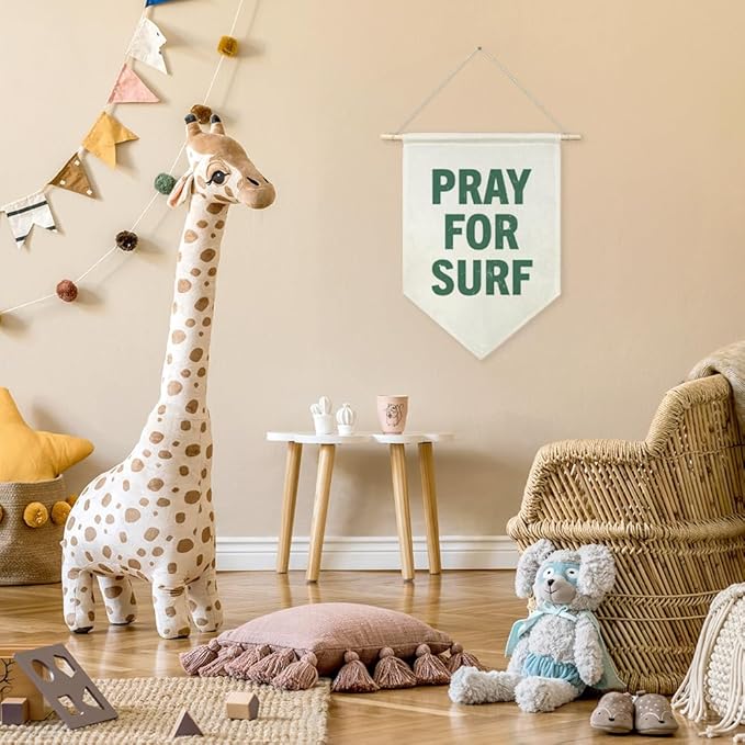 AGMDESIGN Pray For Surf Canvas Hanging Pennant Flag Banner, Surf Decor for Kids Rooms, Home School Kitchen Playroom Kids Room Nursery Flag Decor, Beachy Surfing Lovers Gifts for daughter son brother boyfriend