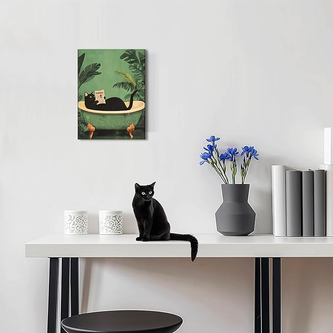 Funny Bathroom Black Cat Wall Art Set of 3, Whimsical Animal Bathroom Wall Decor Painting Maximalist Quirky Dark Pet Cat Toilet Canvas Poster Prints Aesthetics, Framed 16x24 inch