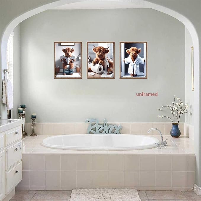 Funny Bathroom Highland Cow Wall Art, Brown Cute Cow Animal Canvas Posters Prints Wall Decor Set of 3, Vintage Rustic Farmhouse Home Painting Pictures for Kids Room Restroom 12x16 Inch Unframed