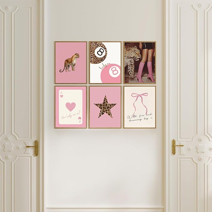 6Pcs Trendy Pink Leopard Wall Art Preppy Leopard Posters Prints Funky Coquette Cheetah Wall Decor with Lucky 8 Ball Bow Artwork for Girls Bedroom Apartment Dorm 12x16Inch 6Pcs Unframed