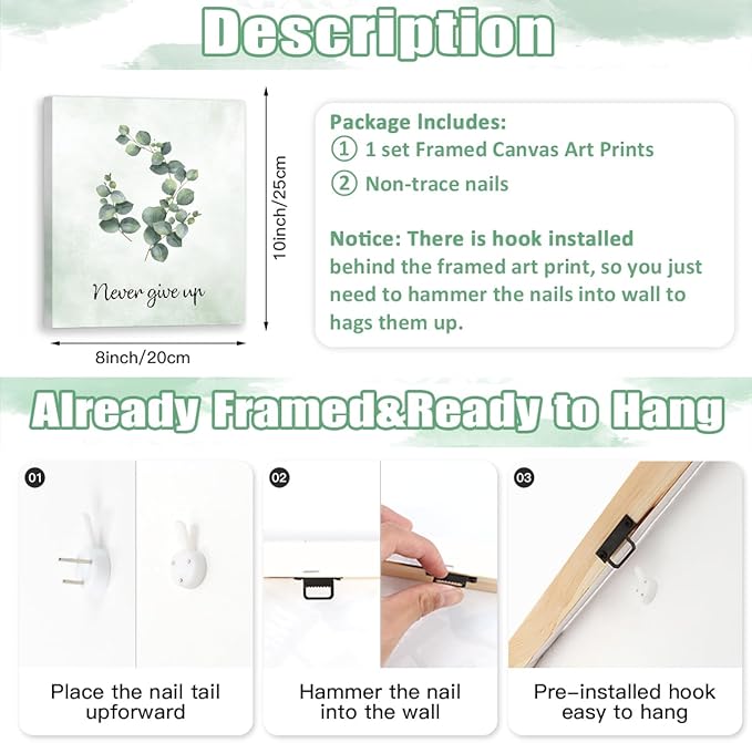 CHDITB Inspirational Plant Art Office Decor, Positive Affirmations Wall Decor, Botanical Canvas Motivational Framed Wall Art,Set Of 6(8x10 Inch) Eucalyptus Leaves Sage Poster For Classroom Home Decor
