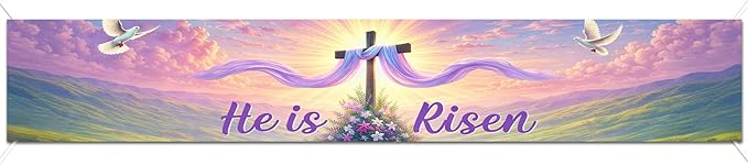 He Is Risen Easter Banner Christian Resurrection Spring Decor 118×20 inch Religious Cross Sunrise Scene Banner for Church Yard Fence Door Wall Indoor Outdoor Easter Display