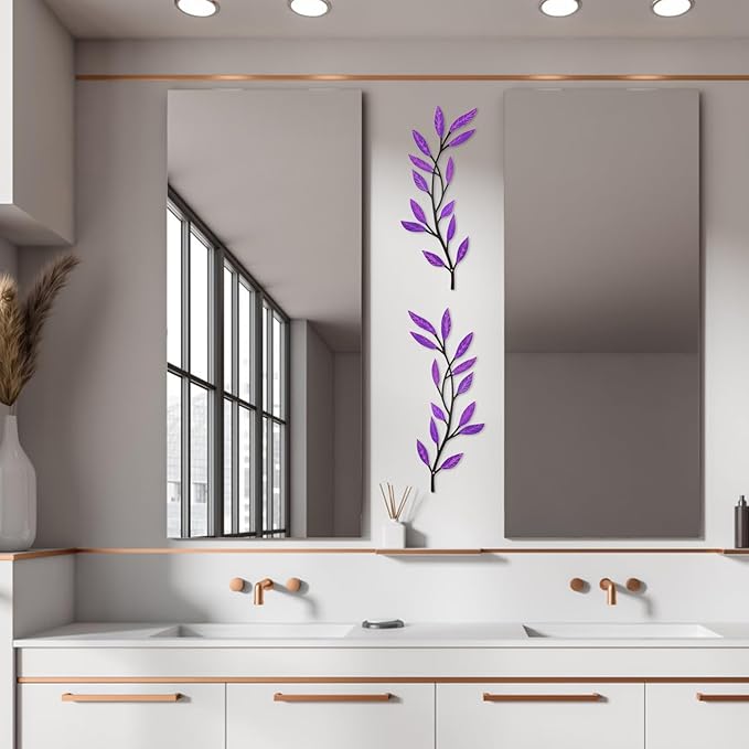 AHYS Metal Tree Leaf Wall Decor 2 PCS Rustic Vine Branch Leaf Wall Art for Living Room Bedroom Bathroom Decorations - Purple