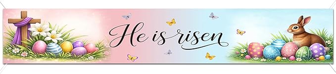 Easter Banner He Is Risen Easter Decorations Resurrection Cross Spring Christian Faith Decor 118×20 inch Religious Easter Banner for Yard Fence Wall Door Porch Indoor Outdoor Church Display