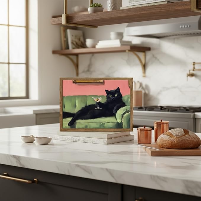 Funny Black Cat Martini Wall Art Eclectic Whimsical Cat Wall Decor Cocktail Bar Cart Painting Canvas Print Cute Animal Pictures for Bedroom Living Room Kitchen 8x10 inch Wood Framed