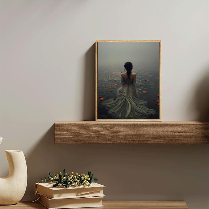 Framed Dark Academia Wall Art Lady in the Lake Moody Victorian Wall Decor Pictures Gothic Cottagecore Posters Prints Vintage Halloween Aesthetic Paintings for Gallery Bedroom Decoration 12x16in
