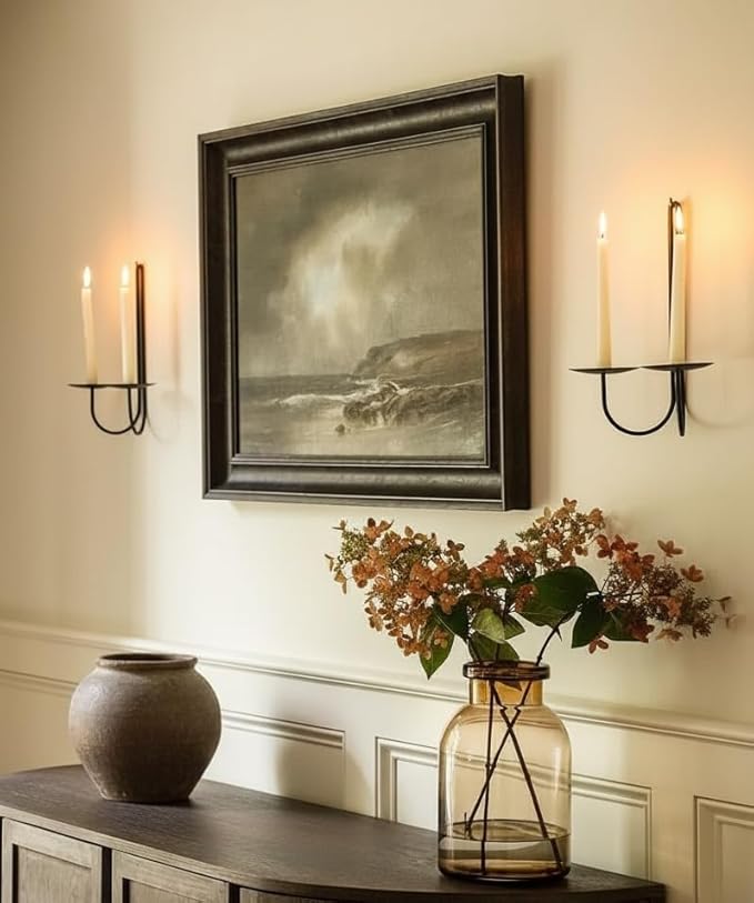 Double Armed Iron Candle Holders Metal Wall Candle Sconce Holder Set of 2 Black Modern Wall Candle Sconces Hanging for Living Room, Farmhouse, Fireplace, Wedding