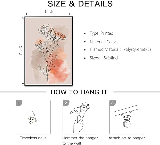 okudolit Boho Vintage Flower Wall Art Set of 3 Minimalist Floral Botanical Prints Rustic Wildflower Wall Decor Beige and Pink Neutral Plant Painting for Living Room Bedroom Office-16x24in