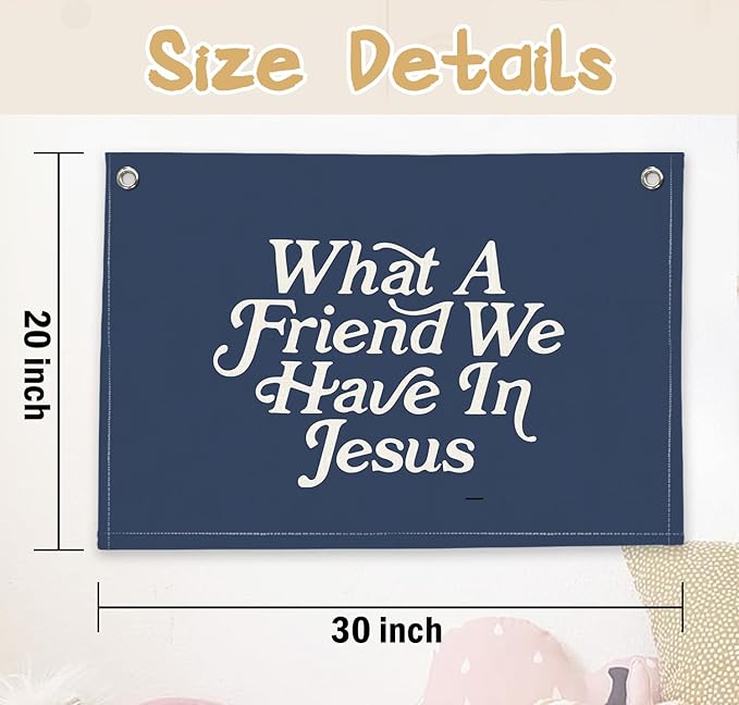 RTXLEZM Kids Room Decor - What a Friend We Have in Jesus Christian Canvas Banner Wall Hanging,Navy Blue Minimalist Bible Verse Wall Art Prints for Classroom, Nursery, Kids Room 20x30