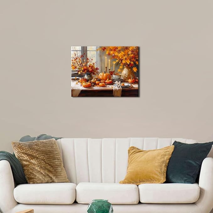 Pumpkin Wall Art Fall Kitchen Wall Decor Farmhouse Halloween Canvas Prints Pictures Autumn Maple Leaves Painting Rustic Thanksgiving Harvest Themed Artwork for Dining Room Home Decoration 12x16"
