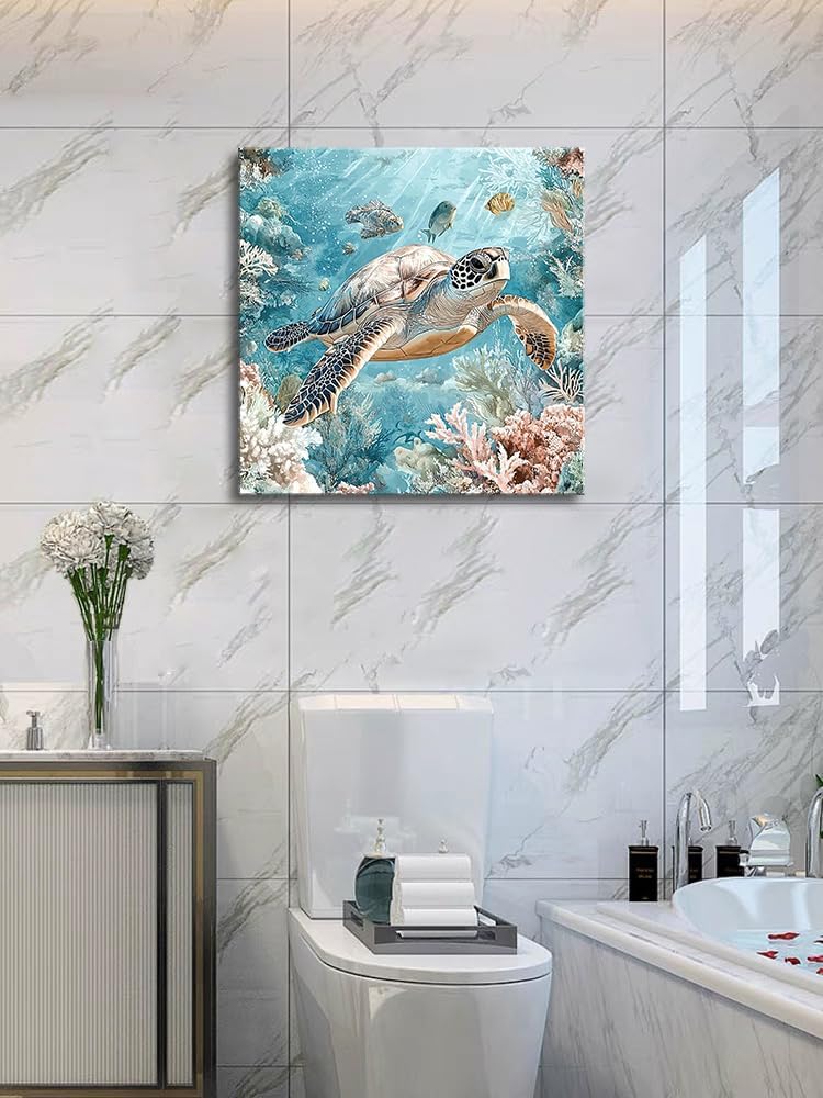 Sea Turtle Bathroom Wall Decor Ocean Theme Framed Canvas Wall Art Coastal Nautical Prints Picture Watercolor Coral Marine Life Painting for Kid Bedroom Living Room Home Decoration 14x14â