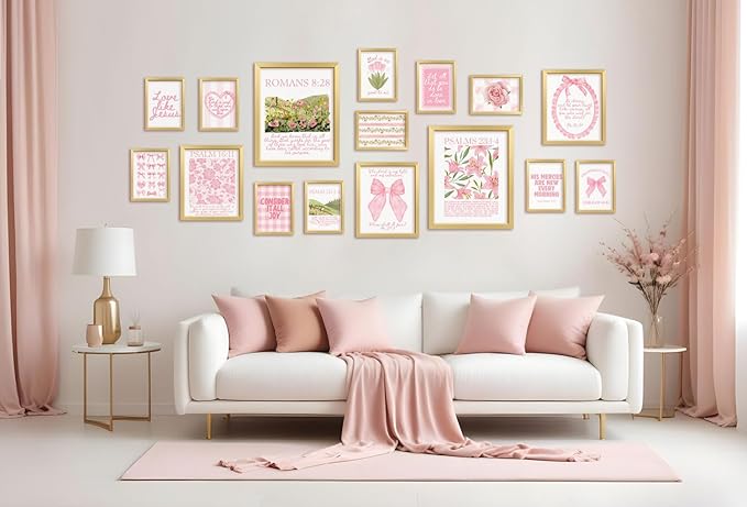 16 PCS Framed Christian Coquette Wall Art Decor, Pink Bow Bible Verses Wall Collage Kit Prints for Bedroom, Gallery Wall Frame Set, Jesus Posters for Living Room Aesthetic, Dorm Artwork for Girls Kids