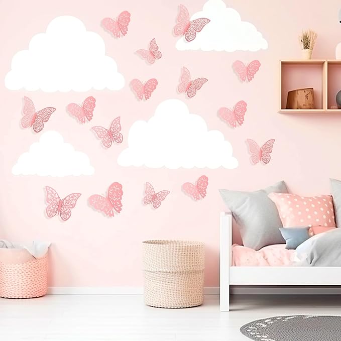 Bememo 72 Pieces 3D Butterfly Wall Decals Sticker Decal Wall Decor Art Decorative Sticker 3 Sizes for Room Offices Bedroom Bathroom Living Room Decor(Light Pink)
