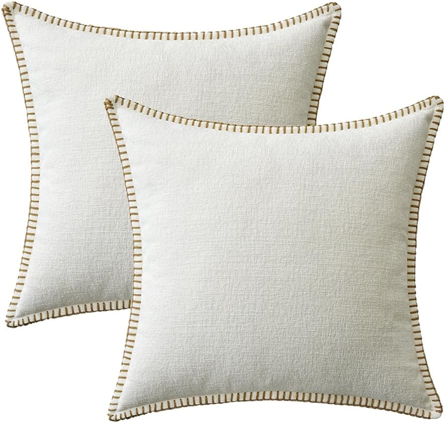 MIULEE Pack of 2 Christmas Pillow Covers 18x18 Inch Pure White Farmhouse Decorative Throw Pillow Covers with Stitched Edge Soft Chenille Solid Dyed Couch Pillow Covers for Sofa Bed Living Room