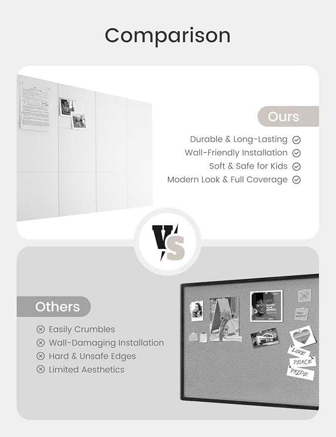 Bumusty Large Cork Board 48" x 36" Alternative - 12 Pack Felt Wall Tiles with 70 Safe Removable Adhesive Tabs, 30 Pushpins, Cork Boards for Walls Pin Board Bulletin Board Office Decor (Milky White)
