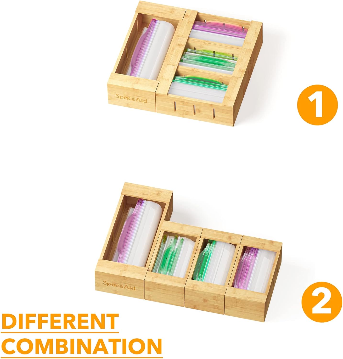 SpaceAid Bag Storage Organizer for Kitchen Drawer, Bamboo Organizer, Compatible with Gallon, Quart, Sandwich and Snack Variety Size Bag (4 Pack), 2.5" High