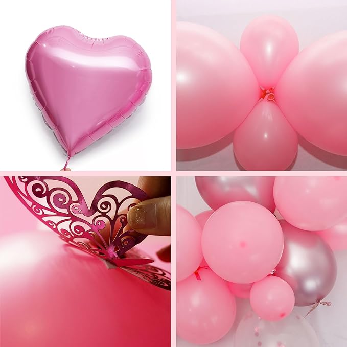 Pink Birthday Decorations for Women Girls, Metallic Pink Pearl White Confetti Foil Balloons Happy Birthday Banner Butterfly Fringe Curtains for birthday Party Supplies
