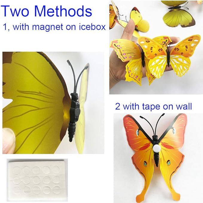 24pcs 3D Colorful Butterfly Wall Stickers DIY Art Decor Crafts for Party Nursery Classroom Offices Kids Girl Boy Baby Bedroom Bathroom Living Room Magnets and Glue Sticker Set (Yellow-Double Wing)