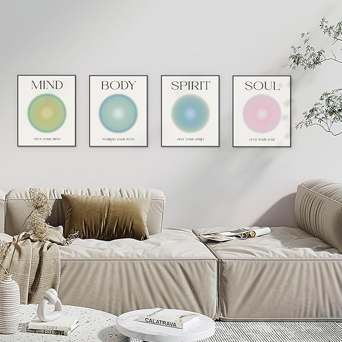 PLKMN Mind Body Soul Spirit Wall Art Prints,Energy Spiritual Positive Aura Posters For Room Aesthetic, Colorful Aura Poster Energy Wall Art for Bedroom Yoga 8x10 Inch Set of 4 Unframed