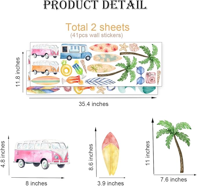 Watercolor Summer Surfing Wall Decal, Palm Tree Juice Surfboard Car Vinyl Wall Stickers, Removable Surfer Beach Artwork for Kids Bedroom Playroom Decor