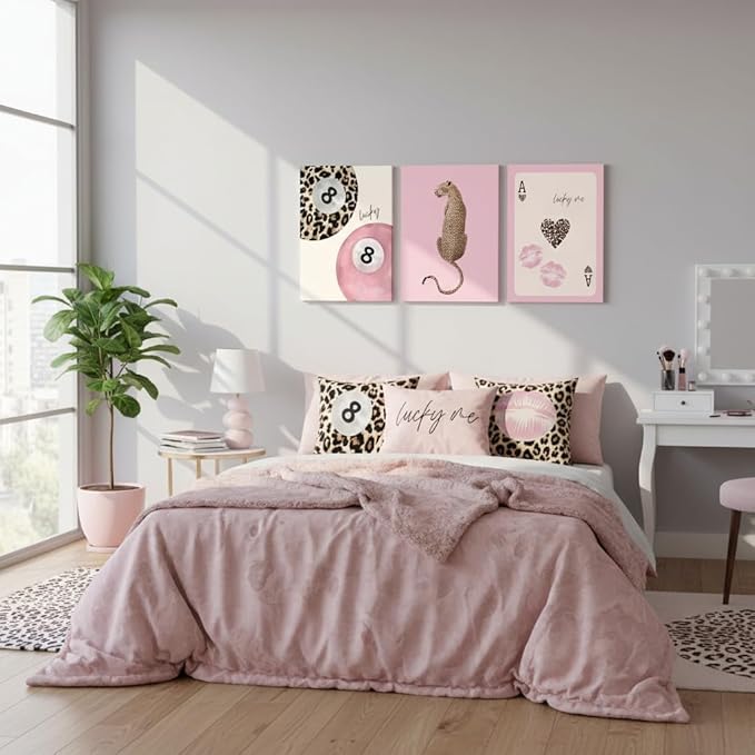 3 Pcs Trendy Pink Preppy Leopard Canvas Wall Art Lucky 8 Ball Playing Card Painting Picture Wall Decor Pink Coquette Funky Cheetah Poster Print Artwork for Girls Bedroom Living Room Apartment Home Decoration
