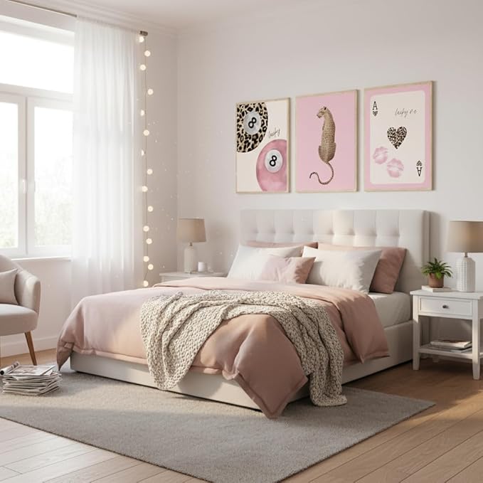 3 Pcs Trendy Pink Preppy Leopard Wall Art Lucky 8 Ball Playing Card Painting Picture Wall Decor Pink Coquette Funky Cheetah Poster Print Artwork for Girls Bedroom Living Room Apartment Home Decoration