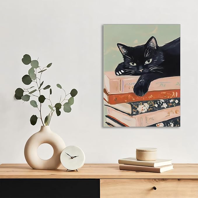 Framed Black Cat Canvas Wall Art, Funny Cat lying on a pile of books Painting, Abstract Animal Posters Prints Wall Decor for Living Room Bathroom Gallery Dining Room Decor 12x16 inch