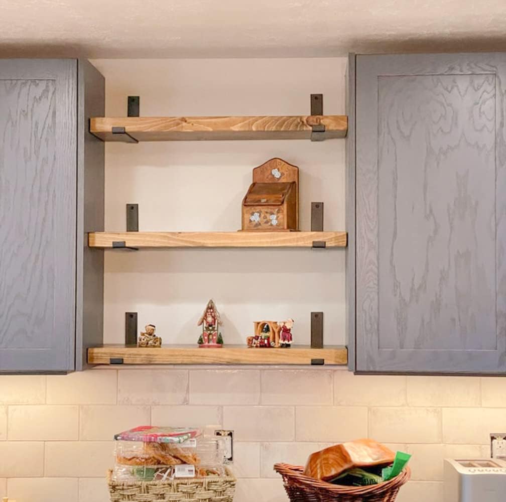 Rustic Shelves with J-Brackets Set of 2, Industrial Shelf, Kitchen Shelves, Solid Wood, Decorative Wall Storage, Heavy Duty, URBANDI (Brown, 36Wx10D)